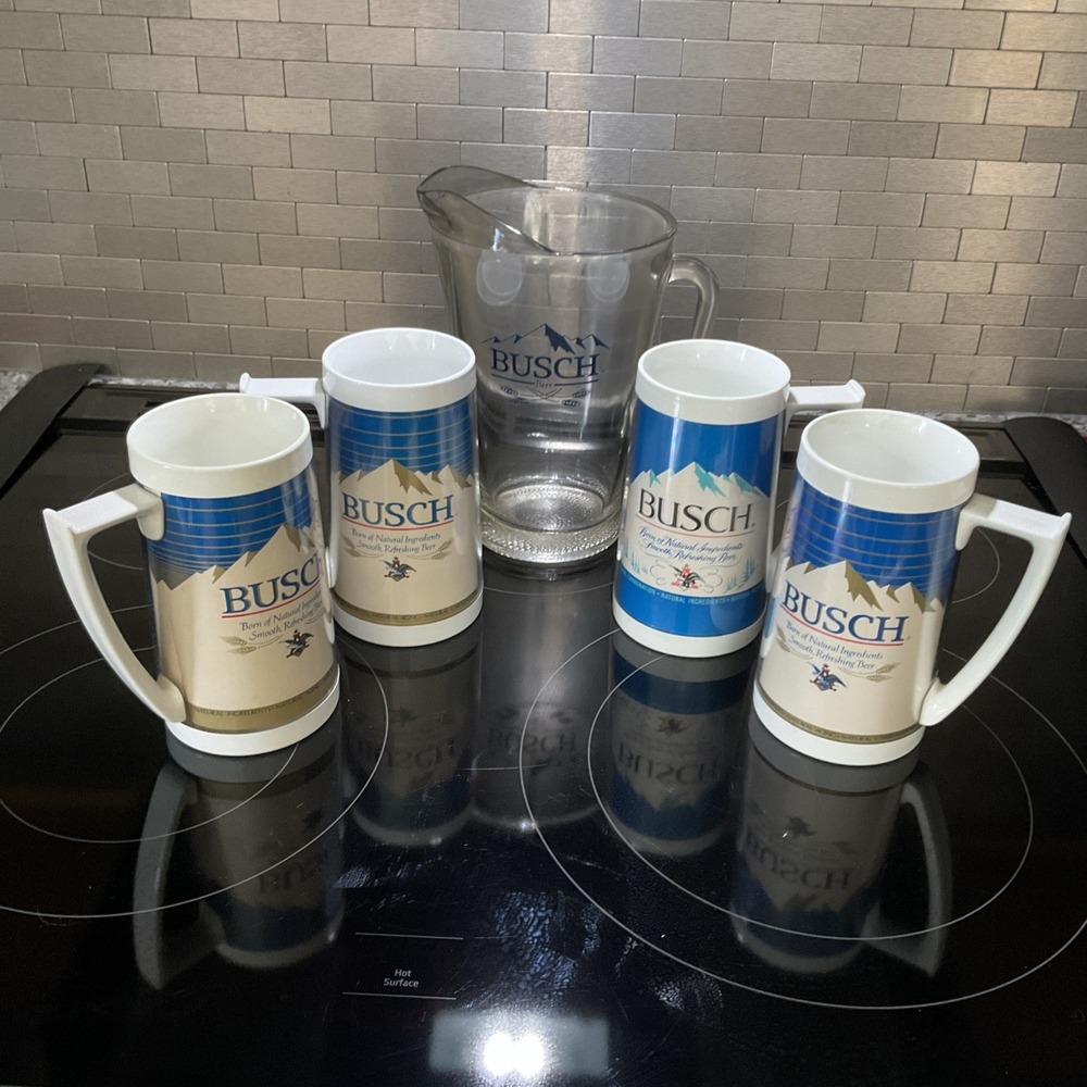 4 BUSCH Beer Logo Thermo Serv Plastic Mugs Steins W/glass picther Made in USA